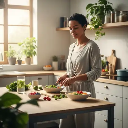 In a sunlit kitchen, a person preps a vibrant meal with fresh produce and water—nourishing body and soul with intention.